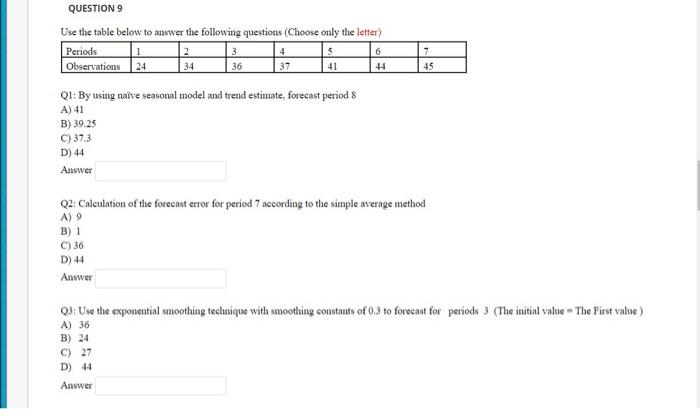 Question 9 Use The Table Below To Answer The Following Questions Choose Only The Letter Periods 1 2 3 4 5 Observations 1