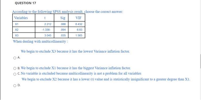 Question 17 According To The Following Spss Analysis Result Choose The Correct Answer Variables T Sig Vif X1 2212 086 1
