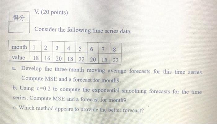 V 20 Points 295 Consider The Following Time Series Data Month 1 2 3 4 5 6 7 8 Value 18 16 20 18 22 20 15 22 A Deve 1