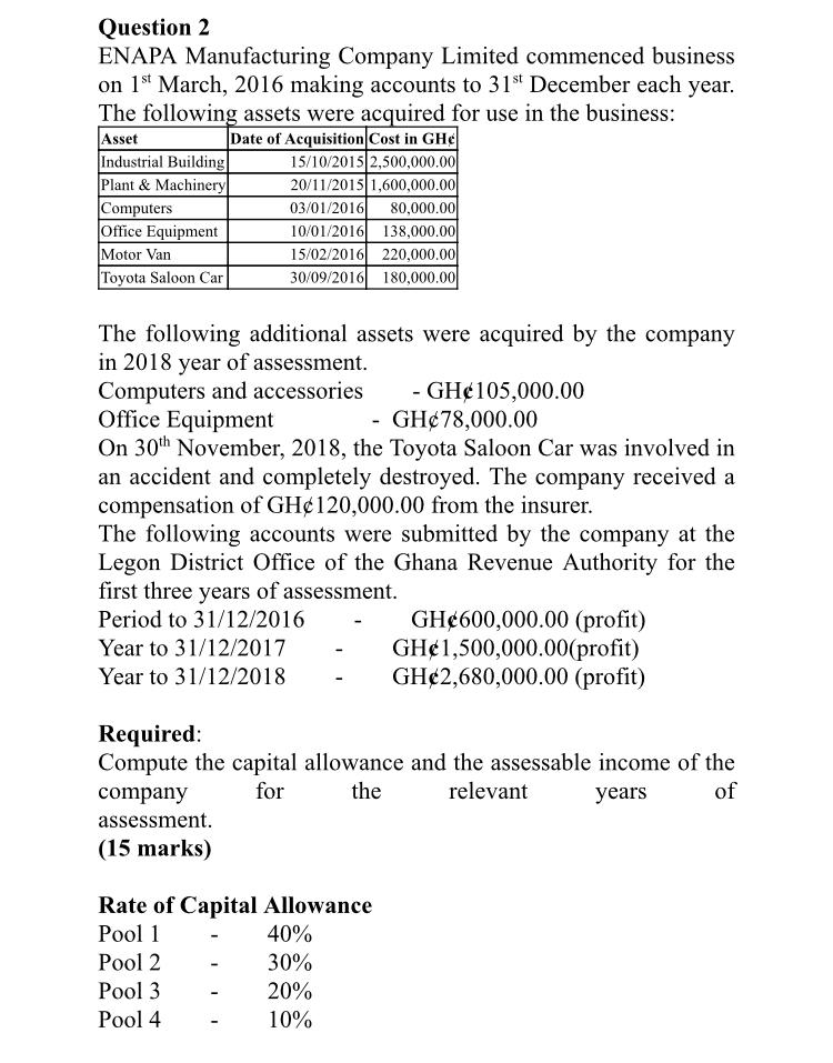 Question 2 Enapa Manufacturing Company Limited Commenced Business On 1st March 2016 Making Accounts To 31st December Ea 1