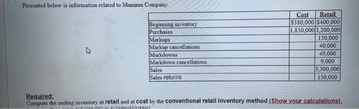 Presented Below Is Information Related To Manama Company Beginning Inventory Purchases Markups Markup Cancellations Mar 1