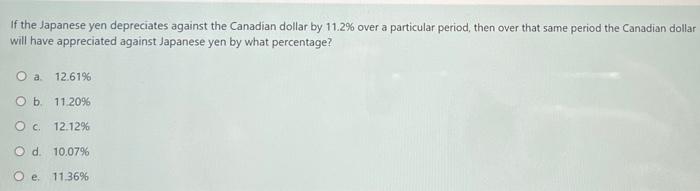If The Japanese Yen Depreciates Against The Canadian Dollar By 11 2 Over A Particular Period Then Over That Same Perio 1