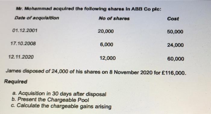 Mr Mohammad Acquired The Following Shares In Abb Co Ple Date Of Acquisition No Of Shares Cost 01 12 2001 20 000 50 000 1