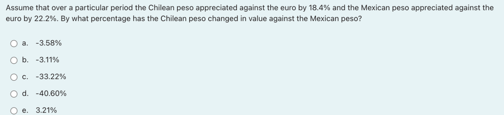 Assume That Over A Particular Period The Chilean Peso Appreciated Against The Euro By 18 4 And The Mexican Peso Appreci 1