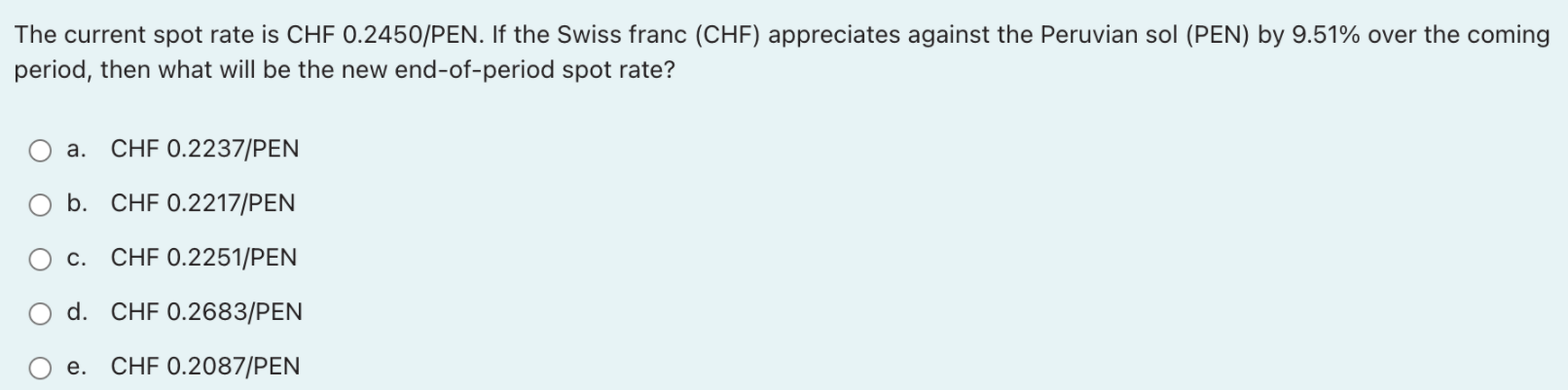 The Current Spot Rate Is Chf 0 2450 Pen If The Swiss Franc Chf Appreciates Against The Peruvian Sol Pen By 9 51 Ov 1