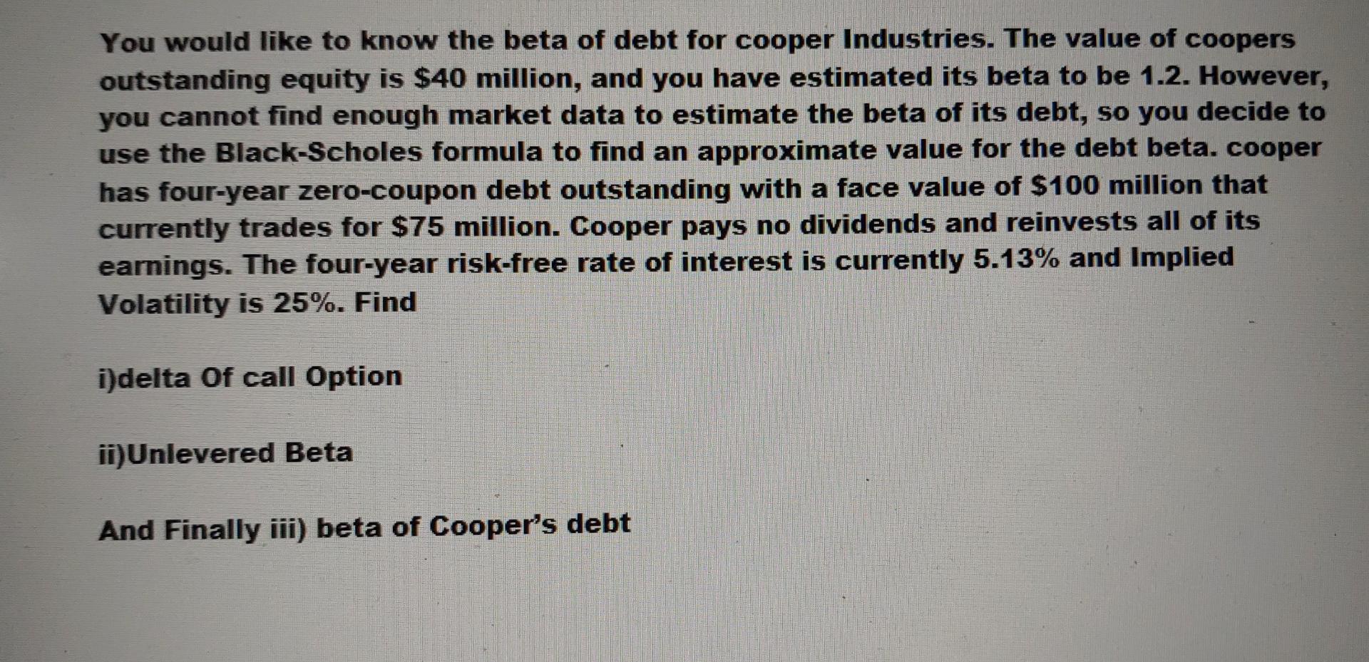 You Would Like To Know The Beta Of Debt For Cooper Industries The Value Of Coopers Outstanding Equity Is 40 Million A 1
