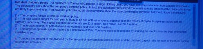 Residual Dividend Policy As President Of Young S Of California A Large Clothing Chain You Have Just Received A Letter 1