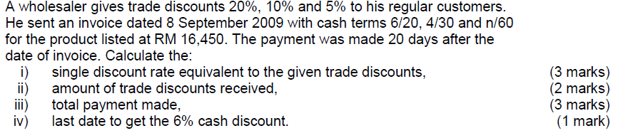 A Wholesaler Gives Trade Discounts 20 10 And 5 To His Regular Customers He Sent An Invoice Dated 8 September 2009 W 1