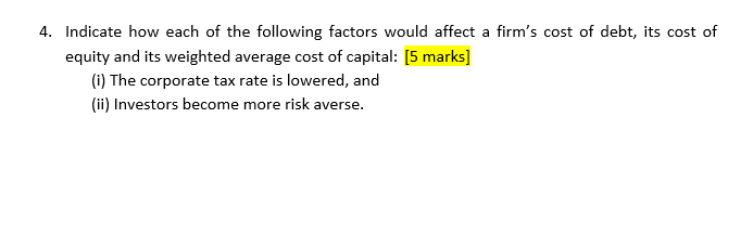 A 4 Indicate How Each Of The Following Factors Would Affect A Firm S Cost Of Debt Its Cost Of Equity And Its Weighted 1