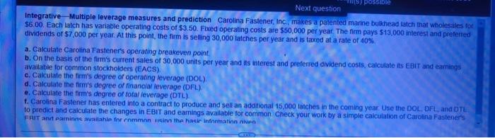 S Possible Next Question Integrative Multiple Leverage Measures And Prediction Carolina Fastener Inc Makes A Patented 1
