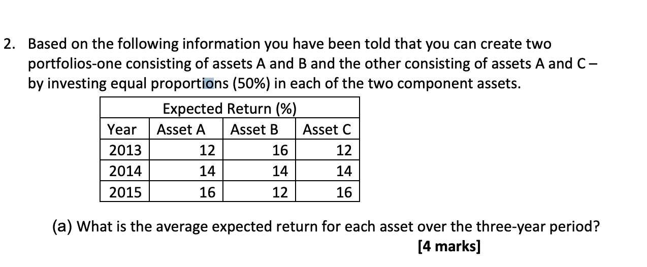 2 Based On The Following Information You Have Been Told That You Can Create Two Portfolios One Consisting Of Assets A A 1