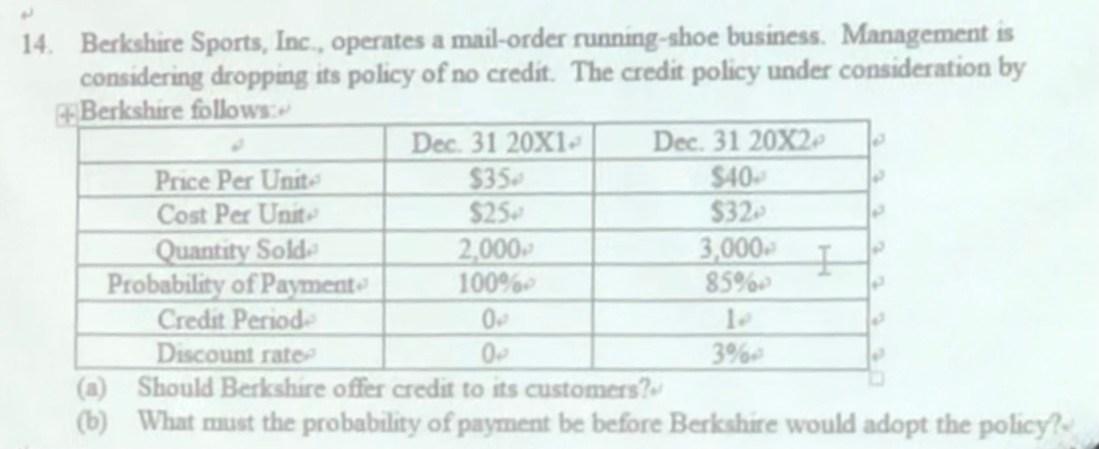 14 Berkshire Sports Inc Operates A Mail Order Running Shoe Business Management Is Considering Dropping Its Policy Of 1