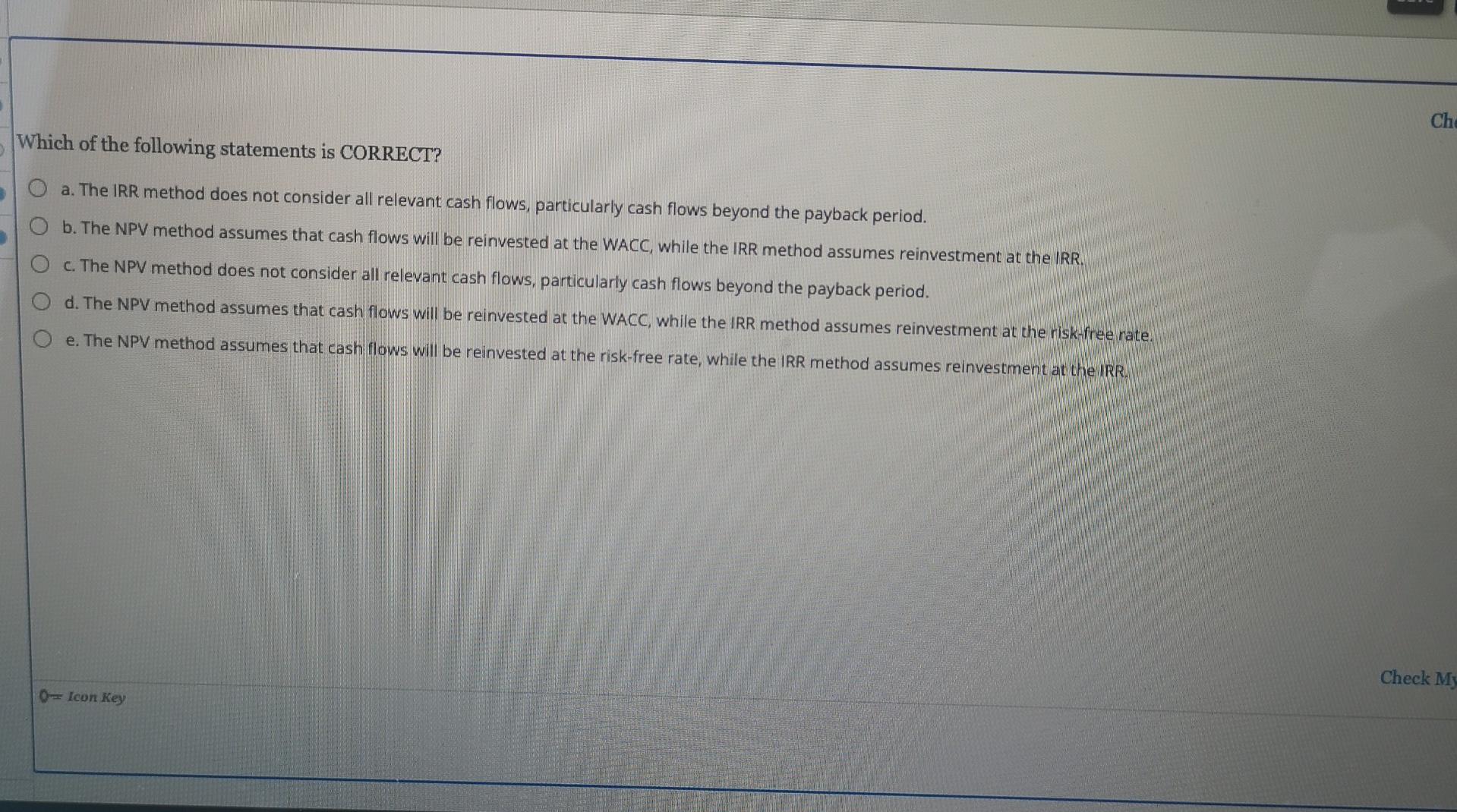 Ch Which Of The Following Statements Is Correct A The Irr Method Does Not Consider All Relevant Cash Flows Particular 1