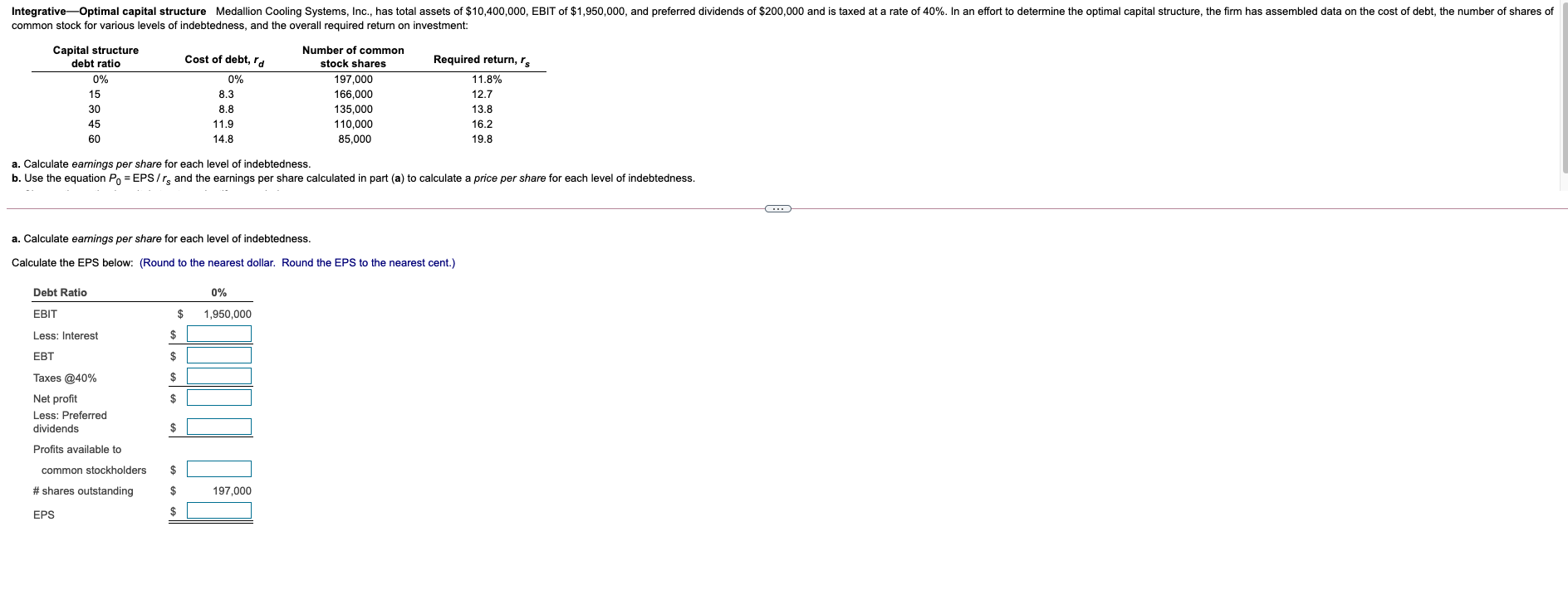 Integrative Optimal Capital Structure Medallion Cooling Systems Inc Has Total Assets Of 10 400 000 Ebit Of 1 950 0 1