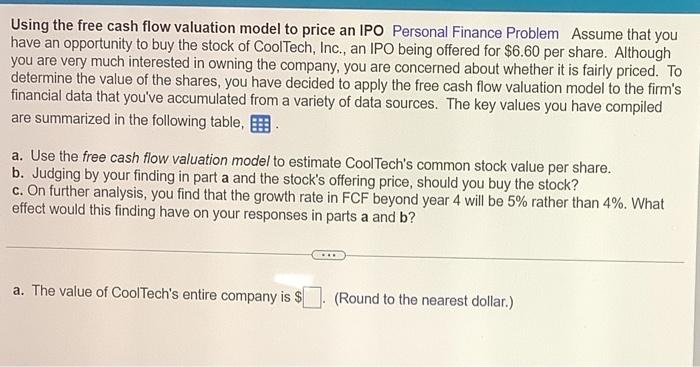 Using The Free Cash Flow Valuation Model To Price An Ipo Personal Finance Problem Assume That You Have An Opportunity To 1