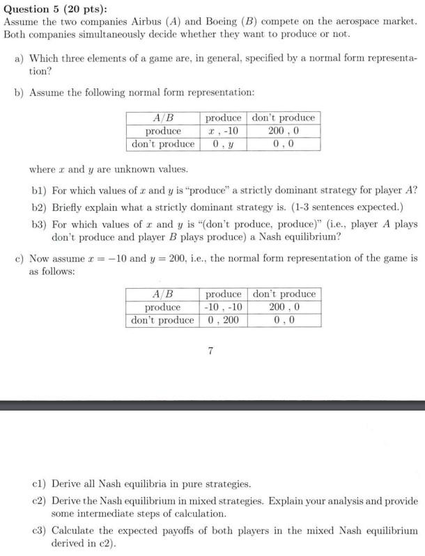 Question 5 20 Pts Assume The Two Companies Airbus A And Boeing B Compete On The Aerospace Market Both Companies 1