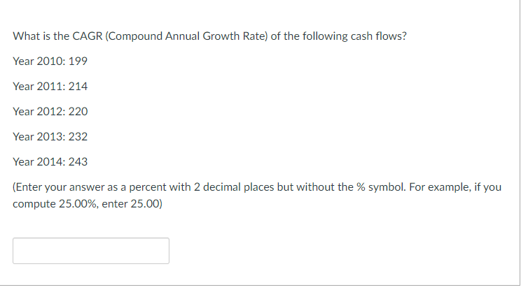 What Is The Cagr Compound Annual Growth Rate Of The Following Cash Flows Year 2010 199 Year 2011 214 Year 2012 220 1