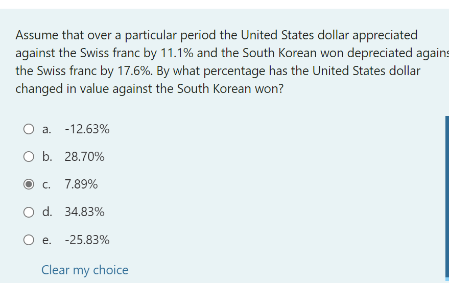 Assume That Over A Particular Period The United States Dollar Appreciated Against The Swiss Franc By 11 1 And The South 1