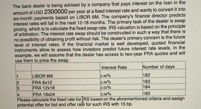 The Bank Dealer Is Being Advised By A Company That Pays Interest On The Loan In The Amount Of Usd 2300000 Per Year At A 1