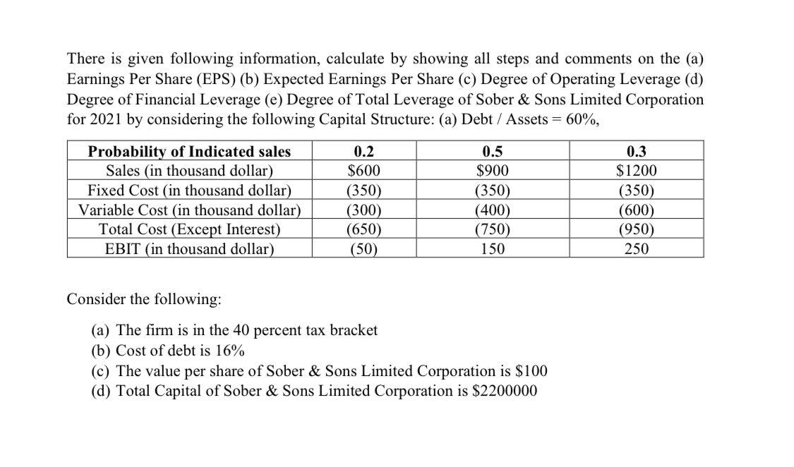 There Is Given Following Information Calculate By Showing All Steps And Comments On The A Earnings Per Share Eps B 1