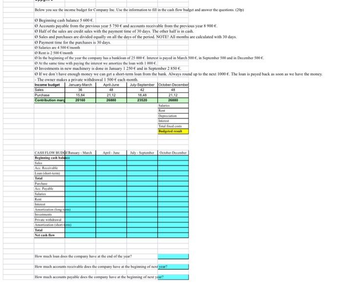 Below You See The Income Budget For Company Inc Use The Information To Fill In The Cash Flow Budget And Answer The Ques 1