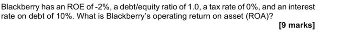 Blackberry Has An Roe Of 2 A Debt Equity Ratio Of 1 0 A Tax Rate Of 0 And An Interest Rate On Debt Of 10 What Is 1