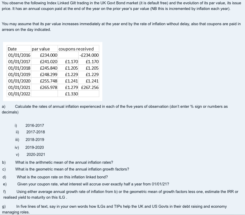 You Observe The Following Index Linked Gilt Trading In The Uk Govt Bond Market It Is Default Free And The Evolution Of 1