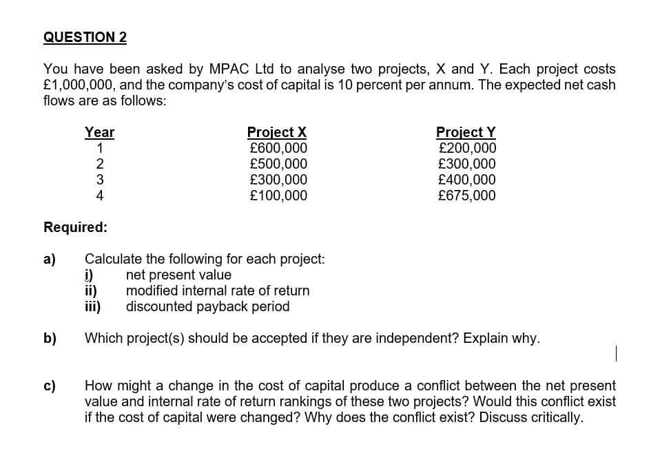 Question 2 You Have Been Asked By Mpac Ltd To Analyse Two Projects X And Y Each Project Costs 1 000 000 And The Comp 1