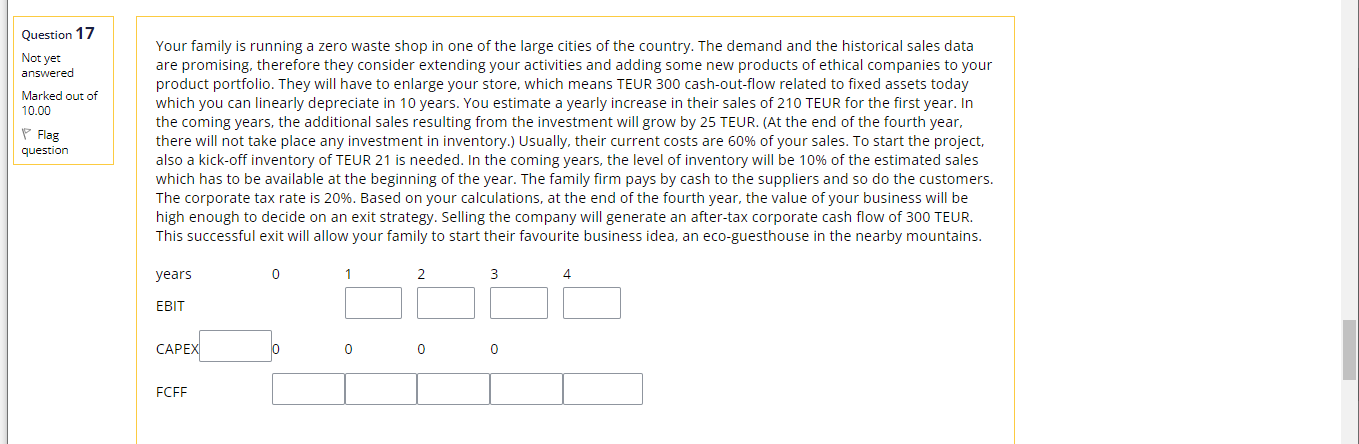 Question 17 Not Yet Answered Marked Out Of 10 00 P Flag Question Your Family Is Running A Zero Waste Shop In One Of The 1