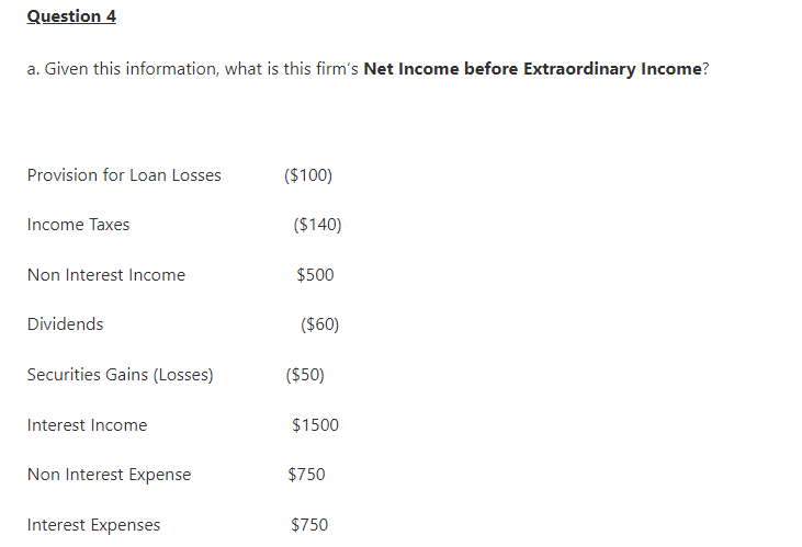 Question 4 A Given This Information What Is This Firm S Net Income Before Extraordinary Income Provision For Loan Los 1
