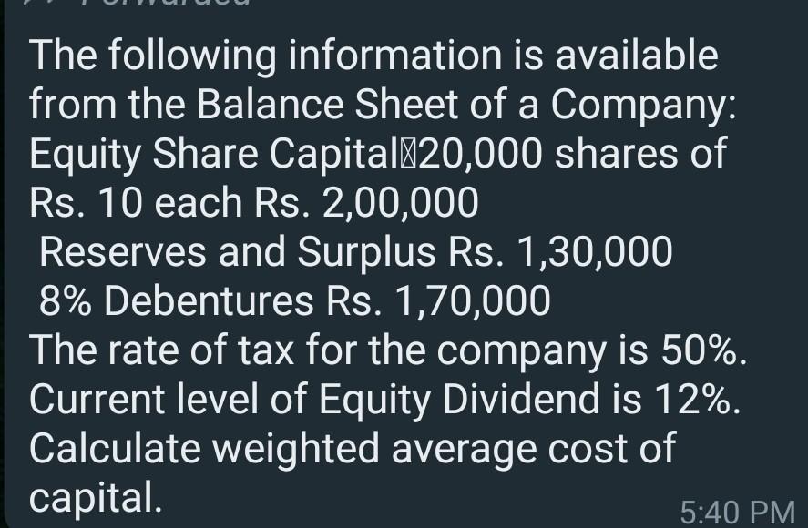 The Following Information Is Available From The Balance Sheet Of A Company Equity Share Capital 20 000 Shares Of Rs 10 1