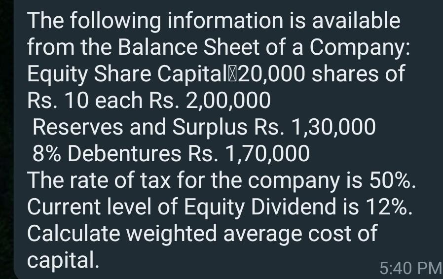The Following Information Is Available From The Balance Sheet Of A Company Equity Share Capital 20 000 Shares Of Rs 10 1