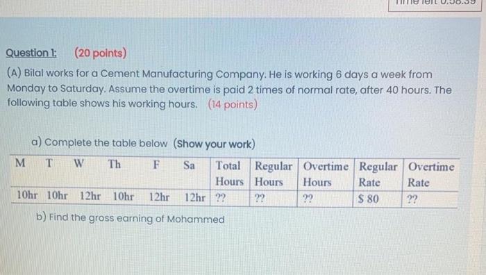 Question 1 20 Points A Bilal Works For A Cement Manufacturing Company He Is Working 6 Days A Week From Monday To S 1