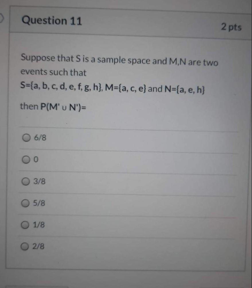 Question 11 2 Pts Suppose That Is A Sample Space And M N Are Two Events Such That S A B C D E F G H M A C E 1