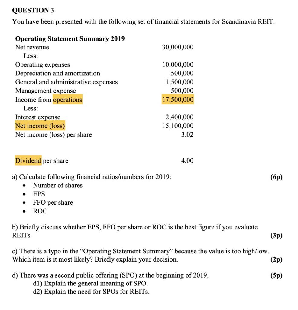 Calculate The Financial Ratios For Reits 1