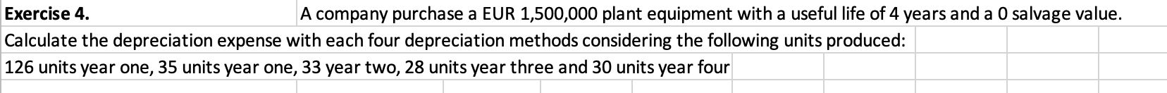 Exercise 4 A Company Purchase A Eur 1 500 000 Plant Equipment With A Useful Life Of 4 Years And A 0 Salvage Value Calc 1