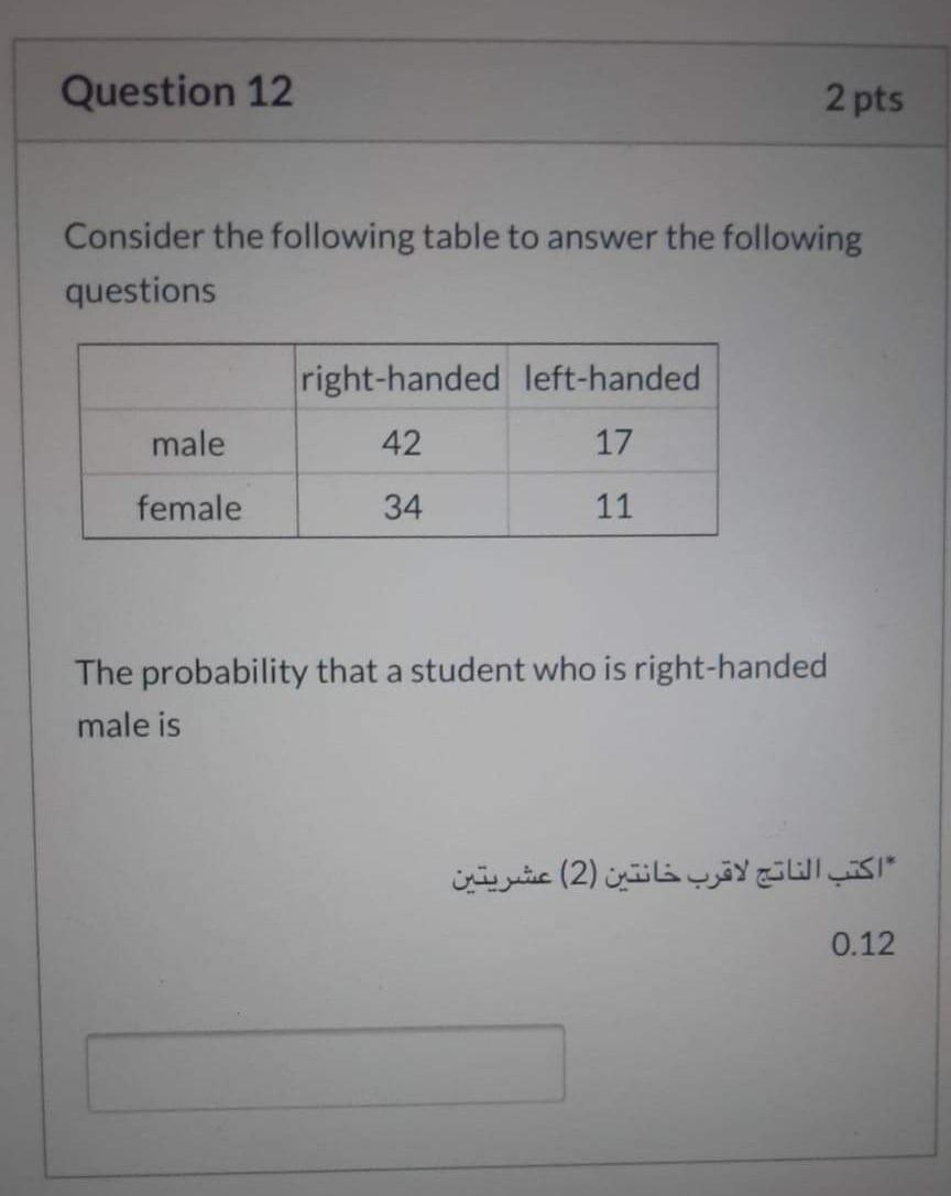 Question 12 2 Pts Consider The Following Table To Answer The Following Questions Right Handed Left Handed Male 42 17 Fem 1