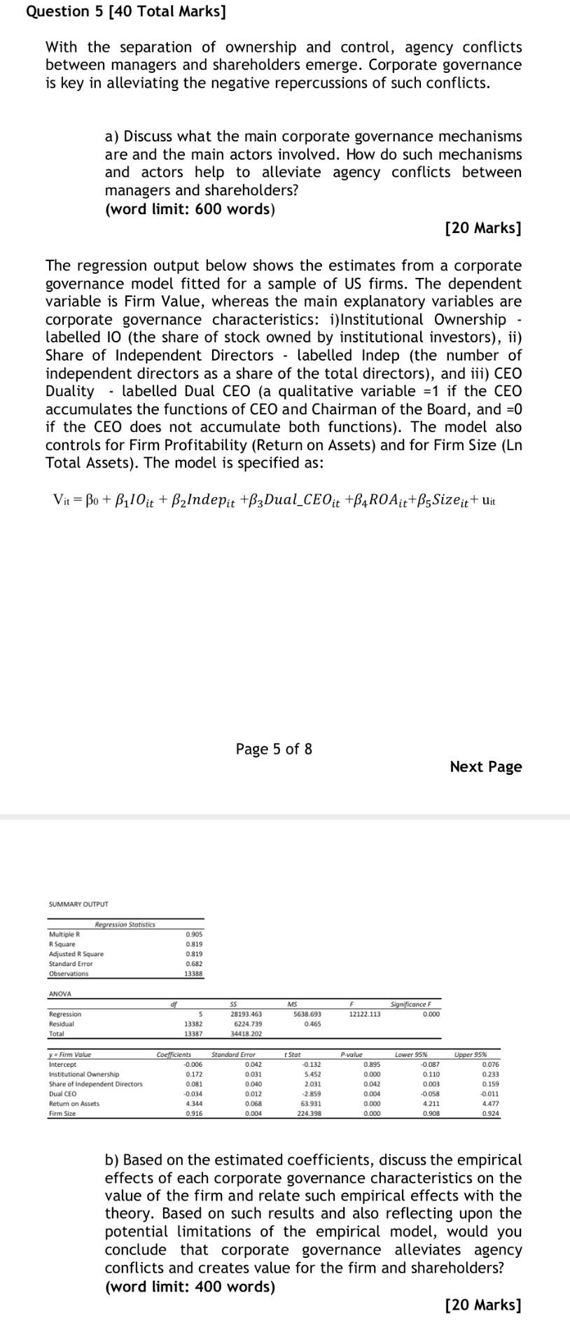 Question 5 40 Total Marks With The Separation Of Ownership And Control Agency Conflicts Between Managers And Sharehol 1