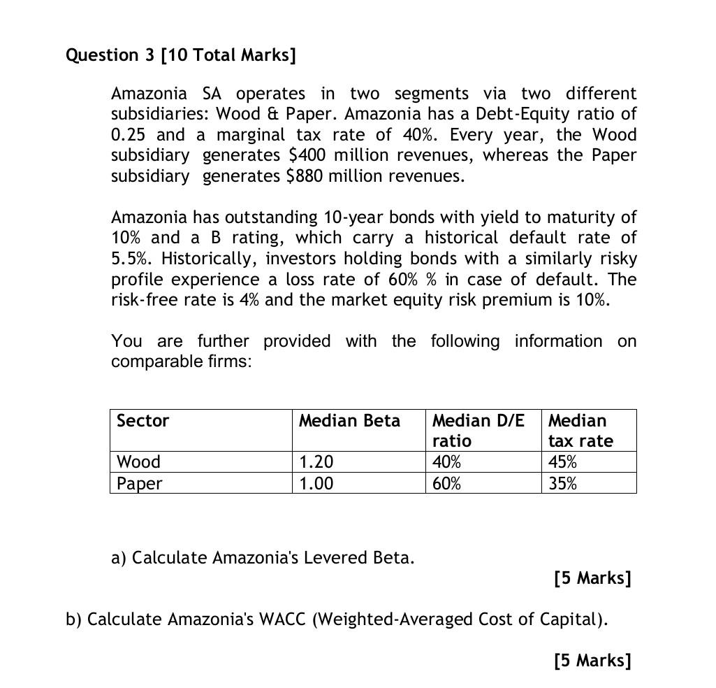 Question 3 10 Total Marks Amazonia Sa Operates In Two Segments Via Two Different Subsidiaries Wood Paper Amazonia 1