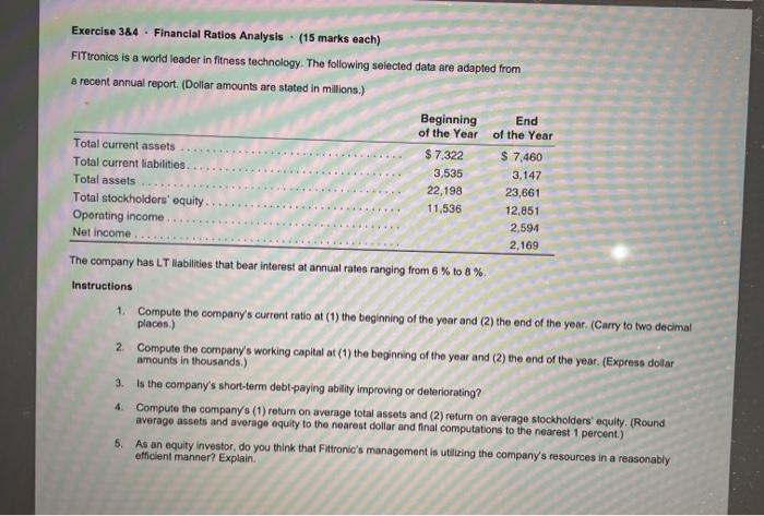 Exercise 384 Financial Ratios Analysis 15 Marks Each Fittronics Is A World Leader In Fitness Technology The Fol 2