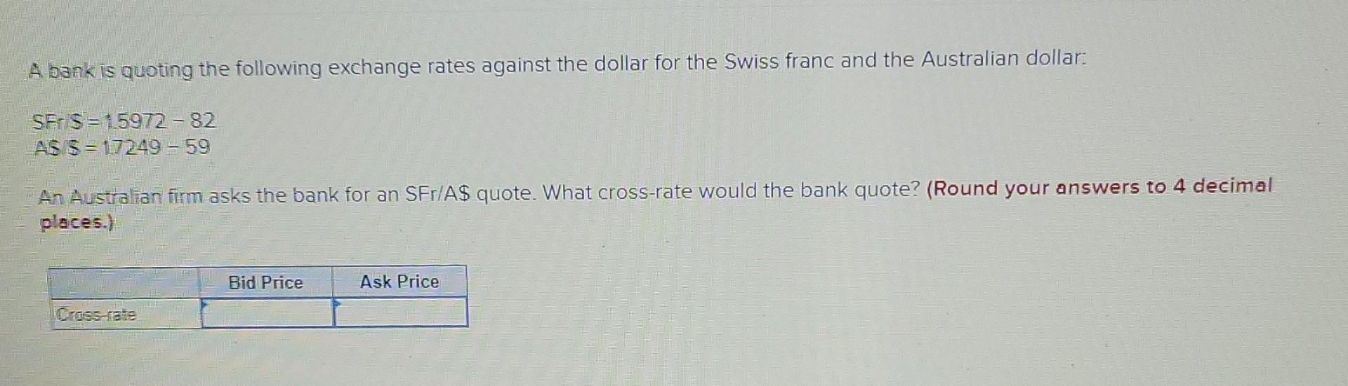 A Bank Is Quoting The Following Exchange Rates Against The Dollar For The Swiss Franc And The Australian Dollar Ses 1 1