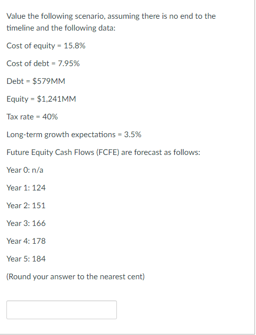 Value The Following Scenario Assuming There Is No End To The Timeline And The Following Data Cost Of Equity 15 8 Co 1