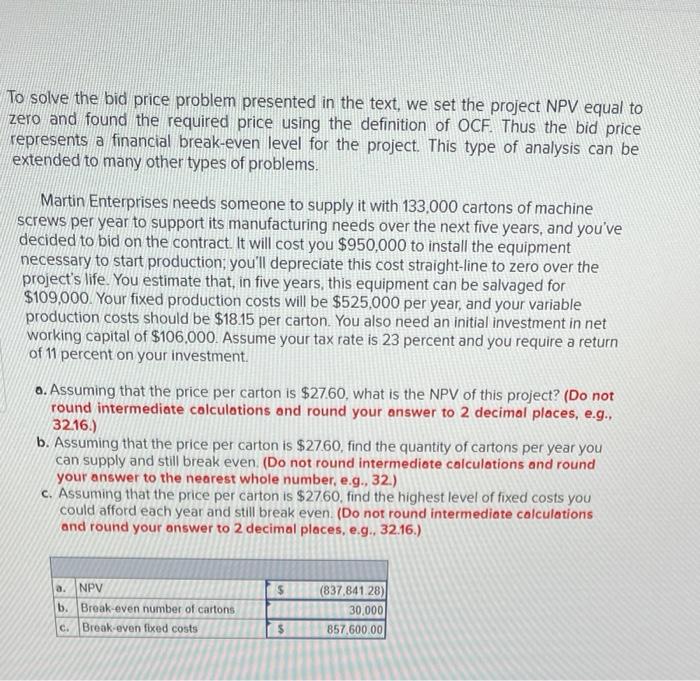 To Solve The Bid Price Problem Presented In The Text We Set The Project Npv Equal To Zero And Found The Required Price 1