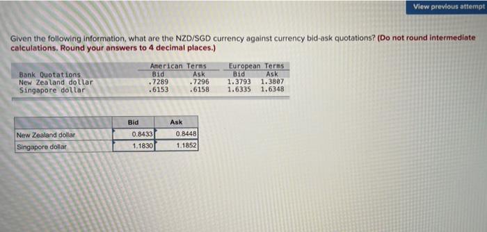 View Previous Attempt Given The Following Information What Are The Nzd Sgd Currency Against Currency Bid Ask Quotations 1