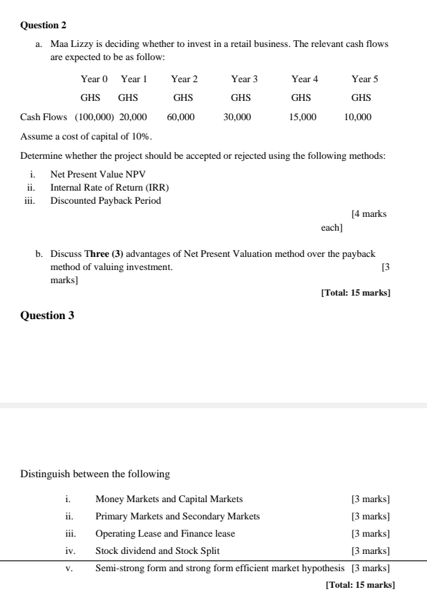 Question 2 A Maa Lizzy Is Deciding Whether To Invest In A Retail Business The Relevant Cash Flows Are Expected To Be A 1
