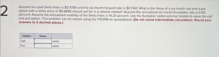 2 Assume The Spot Swiss Franc Is 0 7095 And The Six Month Forward Rate Is 0 7140 What Is The Value Of A Six Month Ca 1