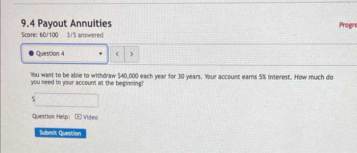 9 4 Payout Annuities Score 60 100375 Answered Progre Question 4 You Want To Be Able To Withdraw 40 000 Each Year For 1