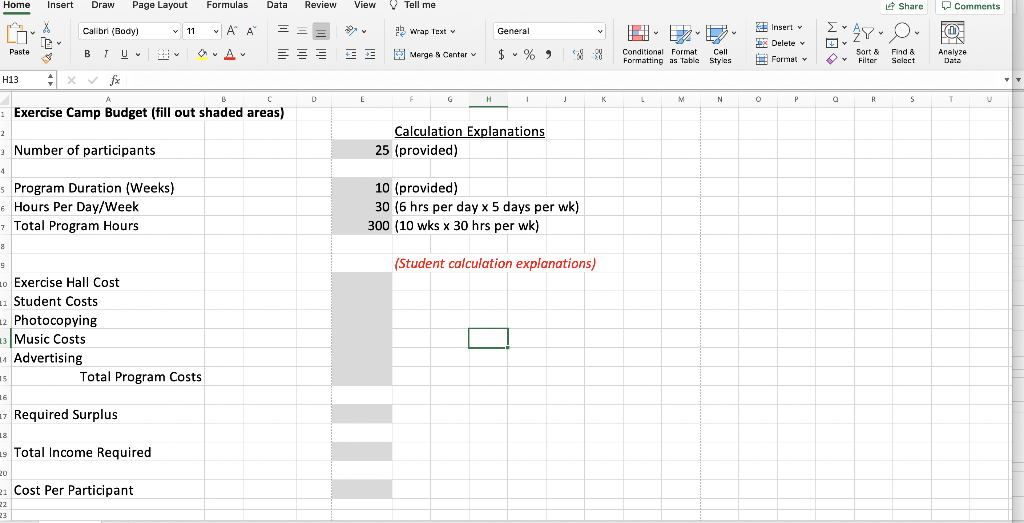 Instructions Mezcoph Will Be Holding A Summer Exercise Camp For Children Using The Data Given Below Create A Budget Th 1