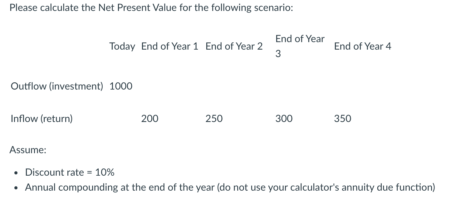 Please Calculate The Net Present Value For The Following Scenario End Of Year Today End Of Year 1 End Of Year 2 End Of 1