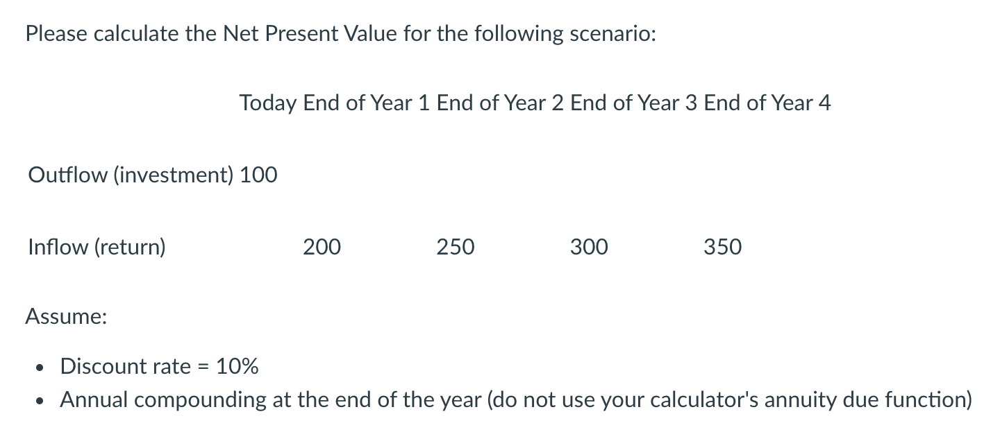 Please Calculate The Net Present Value For The Following Scenario Today End Of Year 1 End Of Year 2 End Of Year 3 End O 1